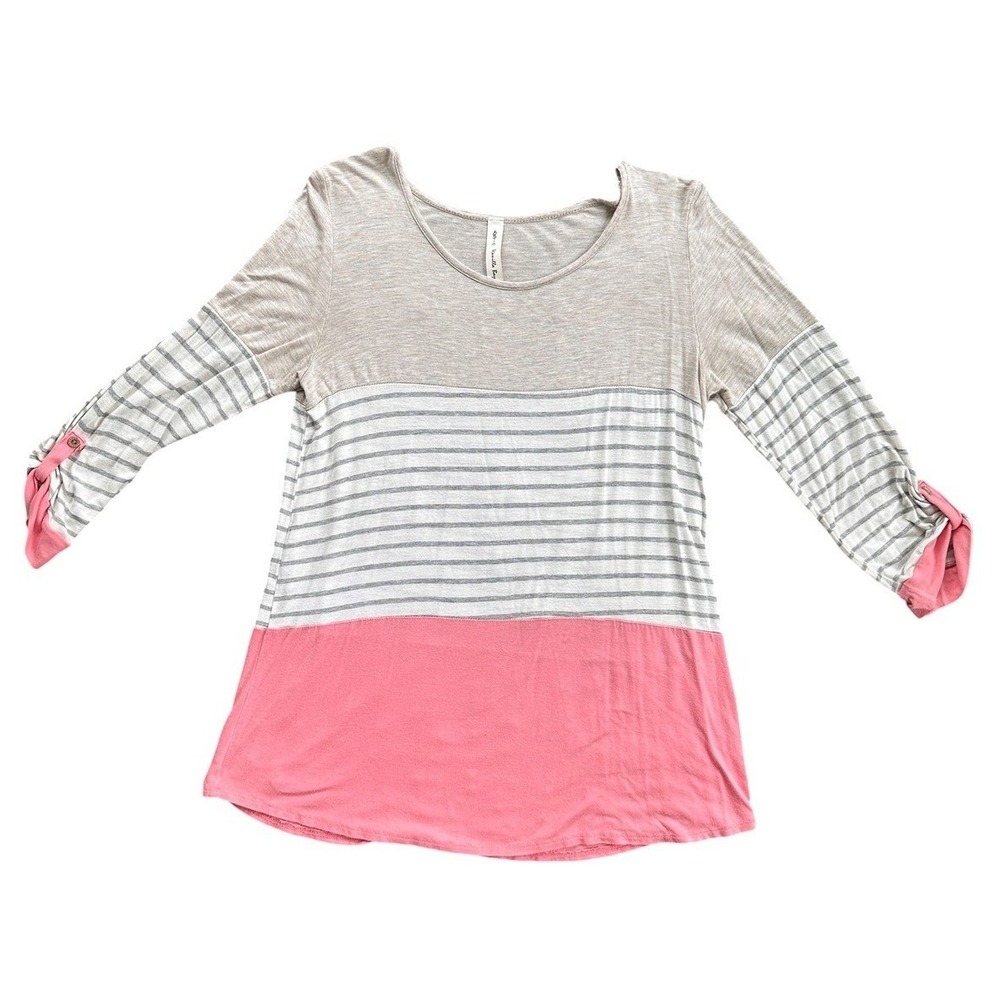 Vanilla Bay Colorblock Tunic Women Medium Pink Oatmeal Striped Roll‎ Tab Sleeve